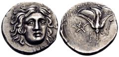 The Prof. James M. Collier Collection - Greek Coins ISLANDS OFF CARIA, Rhodos. Rhodes. Circa 205-190 BC. Drachm (Silver, 15.5 mm, 2.50 g, 11 h), struck under the magistrate Damokrines. Head of Helios 