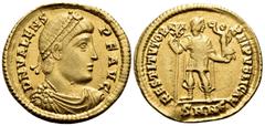The Prof. James M. Collier Collection - Roman Imperial Coins Valens, 364-378. Solidus (Gold, 22 mm, 4.44 g, 6 h), Nicomedia, 5th officina (E), 364. D N VALENS PF AVG Pearl-diademed, draped and cuirass
