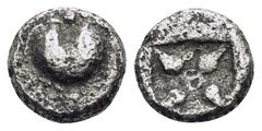 Greek KYRENAIKA. Kyrene. Circa 525-480 BC. Hemiobol (Silver, 6 mm, 0.37 g). Silphium fruit with point downwards. Rev. Stellate pattern with four rays within incuse square. BMC 34. Cf. Buttrey, Coins, 