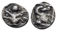 Greek KYRENAIKA. Kyrene. Circa 480-435 BC. Hemiobol (Silver, 6.5 mm, 0.24 g, 2 h). Silphium plant with four leaves (two on each side) and five flowers (one at the top and one between each pair of leav