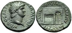 Roman Imperial Nero, AD 54-68. As (Copper, 27 mm, 9.97 g, 6 h), Rome, circa 65. NERO CAESAR AVG GERM IMP Laureate head of Nero to right. Rev. PACE P R VBIQ PARTA IANVM CLVSIT / S C View of the Temple 