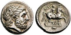 GREEK COINS Kings of Macedon Philip II. 359-336 BC. Tetradrachm (Silver, 14.36 g 3), Pella, struck under Philip III, 323/2-c. 315. Laureate head of Zeus to right. Rev. FILIPPOU Jockey, holding palm br