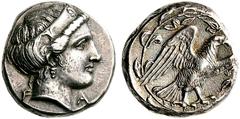GREEK COINS Elis Olympia. 107th Olympiad. 352 BC. Stater (Silver, 12.04 g 12). F A Head of Hera to right, wearing narrow stephane ornamented with a palmette and a lily. Rev. Eagle standing right with 