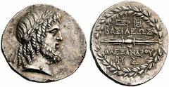 GREEK COINS Seleukid Kings of Syria Alexander I Balas. 152-145 BC. Tetradrachm (Silver, 16.12 g 3), Seleucia Pieria, year 166 = 147/6 BC. Laureate head of Zeus to right, with full beard and with his h