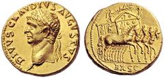 ROMAN AND BYZANTINE COINS Divus Claudius. Died AD 54. Aureus (Gold, 7.80 g 6), October-December 54. DIVVS CLAVDIVS AVGVSTVS Laureate head of Claudius to left. Rev. Ornamental quadriga moving slowly to