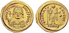 ROMAN AND BYZANTINE COINS Justinian I. 527-565. Solidus (Gold, 4.40 g 6), Thessalonica, 542-562. D N IVSTINIANVS PP AVG Diademed, helmeted and cuirassed bust of Justinian facing, holding globus crucig