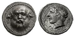 GREEK COINS Sicily -. Circa 405-403/2 BC. Drachm (Silver, 3.68 g 7). Facing head of bald, bearded Silenos with pointed ears. Rev. KATANAIΩN Head of the youthful river-god Amenanos to left, his hair bo