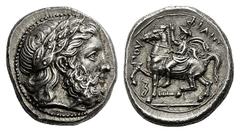 GREEK COINS Kings of Macedon Philip II. 359-336 BC. Tetradrachm (Silver, 14.47 g 6), Amphipolis, 355-349/8. Laureate head of Zeus to right. Rev. ΦIΛIΠΠOΥ Philip II, wearing kausia and chlamys, raising