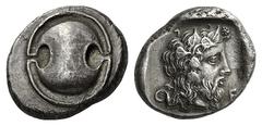 GREEK COINS Boeotia -. Stater (Silver, 11.93 g). Boeotian shield. Rev. Θ - E Head of Dionysos to right, bearded and wearing an ivy wreath; all within incuse square. BCD Boiotia 438( this coin ). BMC 5
