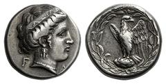 GREEK COINS Elis Olympia. 111th Olympiad. 336 BC. Stater (Silver, 12.12 g 12). FA Head of Hera to right, wearing stephanos inscribed FAΛEIΩN, triple-pendant earring and pearl necklace. Rev. Eagle with