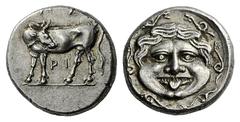 GREEK COINS Mysia Parion. 4th century BC. Hemidrachm (Silver, 14mm, 2.48 g 6). ΠA - ΡI Bull standing left, head turned back to right. Rev. Gorgoneion facing, surrounded by snakes. SNG Paris 1357. A ve