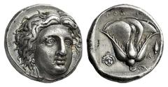 GREEK COINS Islands off Caria Rhodos. Rhodes . Circa 360-340 BC. Tetradrachm (Silver, 15.20 g 1). Head of Helios, three quarters facing turned slightly to the right. Rev. ΡOΔION Rose with bud to right