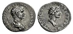 ROMAN AND BYZANTINE COINS -. Denarius (Silver, 19mm, 3.20 g 7), 116-117. IMP CAES NER TRAIAN OPTIM AVG GERM DAC Laureate and draped bust of Trajan to right. Rev. PARTHICO P M TR P COS VI PP SPQR Radia