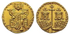 ROMAN AND BYZANTINE COINS Constantine VII Porphyrogenitus, with Romanus I. 913-959. Solidus (Gold, 19mm, 4.40 g 7), Constantinople, 920/921. +IhS XPS REX REG NANTIU Mà Christ, nimbate, seated facing o
