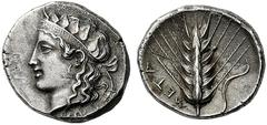 GREEK COINS Lucania Metapontum. Circa 400-340 BC. Didrachm or Nomos (Silver, 22mm, 7.87 g 11). Youthful head of Dionysos to left, wearing a diadem adorned with a maeander pattern and upright ivy-leave