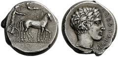 GREEK COINS Sicily Katane. Circa 430-420 . Tetradrachm (Silver, 24mm, 17.33 g 9). Quadriga moving slowly to the right; above, Nike flying left to crown the charioteer. Rev. KATANAION Laureate head of 