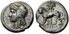 GREEK COINS Sicily Uncertain Punic military mint, " People of the camp " . Circa 330-320 BC. Tetradrachm (Silver, 26mm, 16.80 g 10). Uncertain female head to left (Dido or more probably Tanit), wearin