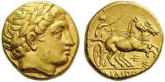 GREEK COINS Kings of Macedon Philip II. 359-336 BC. Stater (Gold, 16mm, 8.63 g 11), Pella, struck under Philip III, c. 323-317/5 BC. Laureate head of Apollo to right. Rev. ΦIΛIΠΠOΥ Charioteer driving 