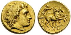 GREEK COINS Kings of Macedon Philip II. 359-336 BC. Stater (Gold, 18mm, 8.64 g 1), Kolophon, struck under Philip III, BC 323-317, but probably before 319. Laureate head of Apollo to right, but with in