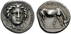 GREEK COINS Thessaly Larissa. Circa Circa 400-380 BC. Drachm (Silver, 19mm, 5.93 g 4). Facing head of the nymph Larissa, turned slightly to the right, wearing ampyx, drop earrings, and a necklace with