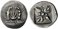 GREEK COINS Islands off Thessaly Skyros. Circa 485-480 BC. Didrachm (Silver, 23mm, 8.33 g). Two long horned and bearded goats, opposed vertically, back to back, with their heads turned inwards and the