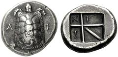 GREEK COINS Islands off Attica Aegina. Circa 350-338 BC. Stater (Silver, 21mm, 11.96 g). A I Tortoise seen from above. Rev. Incuse square divided by skew-pattern into 5 compartments; N I in the upper 