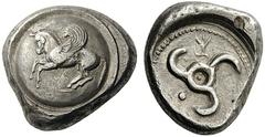 GREEK COINS Dynasts of Lycia Khinakha. Circa 460-440 BC. Stater (Silver, 19mm, 9.82 g), Uncertain mint in eastern Lycia. Pegasos flying left on round shield. Rev. Triskeles with large annulet at the c