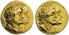 GREEK COINS Ptolemaic Kings of Egypt Ptolemy II Philadelphos, with Arsinöe II, Ptolemy I, and Berenike I. 285-246 BC. Mnaeion or Oktadrachm (Gold, 25mm, 27.80 g 12), Alexandria, c. 265-261/0 BC. AΔEΛΦ