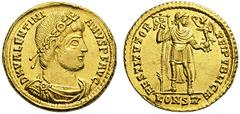 ROMAN AND BYZANTINE COINS Valentinian I. AD 364-375. Solidus (Gold, 20mm, 4.44 g 6), Arelate / Constantina, 364-367. D N VALENTINIANVS P F AVG Rosette diademed, draped and cuirassed bust of Valentinia