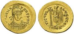 ROMAN AND BYZANTINE COINS Zeno ( but possibly Ostrogothic? ). Second reign, AD 476-491. Solidus (Gold, 20mm, 4.50 g 6), Constantinople ( or elsewhere? ). D N ZENO PERP AVG Diademed, helmeted and cuira