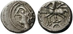 CELTIC COINS Britain Central Gaul. Aedui, c. 80-50 BC. Quinarius (Silver, 12mm, 1.99 g 11). Helmeted head of Roma to left within double border of dots. Rev. Celtic horse walking to left; around, fragm