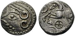 CELTIC COINS Britain Central Gaul. Aedui, 80-50 BC. Quinarius (Silver, 12mm, 1.83 g 9). Stylized and ‘celticized’ head of Roma to left. Rev. Celtic horse galloping to left; below, wheel and crescent. 
