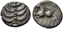 CELTIC COINS Britain Switzerland. Helvetii, mid 1st century BC. Quinarius (Silver, 12mm, 1.42 g), ‘Büschelquinar’. Palmette made from eight curved leaves connected by a central line ornamented with pe