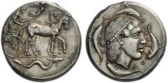 GREEK COINS Sicily Syracuse, c. 460/455 BC. Tetradrachm (Silver, 26mm, 17.22 g 12). Charioteer driving quadriga walking to right, holding goad in his right hand and the reins in both; above, Nike flyi