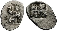 GREEK COINS Thraco-Macedonian Region Uncertain mint (Asoros = Assiros?), c. 500-480 BC. Triobol (?) (Silver, 11x15mm, 1.77 g). Sphinx seated to right, with plume emerging from her head. Rev. Quadripar