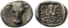 GREEK COINS Macedon Dikaia, c. 500-465 BC. Obol (Silver, 13mm, 0.65 g 7). Bull’s head facing Rev. Octopus with tentacles downwards. Cf. BCD Euboia 324 ff. SNG Copenhagen 473 (both Eretria). Very rare.