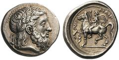 GREEK COINS Kings of Macedon Philip II, 359-336 BC. Tetradrachm (Silver, 23mm, 14.45 g 8), Amphipolis, c. 355-349/8. Laureate head of Zeus to right. Rev. ΦIΛIΠΠOΥ Philip II, wearing kausia, chlamys an
