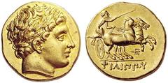 GREEK COINS Kings of Macedon Philip II, 359-336 BC. Stater (Gold, 17mm, 8.55 g 3), Pella, struck in 323-315 during the reign of Philip III. Laureate head of Apollo to right. Rev. ΦIΛIΠΠOΥ Charioteer d