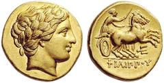 GREEK COINS Kings of Macedon Philip II, 359-336 BC. Stater (Gold, 18mm, 8.55 g 2), Amphipolis, struck during the reign of Philip III, 323/2-315. Laureate head of Apollo to right. Rev. ΦIΛIΠΠOΥ Biga ru