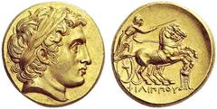 GREEK COINS Kings of Macedon Philip II, 359-336 BC. Stater (Gold, 16mm, 8.58 g 11), Kolophon, struck under Philip III, BC 323-317, but probably before 319. Laureate head of Apollo to right, with the f