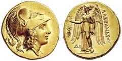 GREEK COINS Kings of Macedon Alexander III ‘the Great’, 336-323 BC. Stater (Gold, 17mm, 8.59 g 12), Memphis, c. 323. Head of Athena to right, wearing Corinthian helmet adorned with serpent. Rev. AΛEΞA
