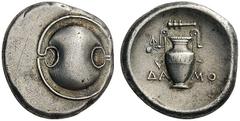GREEK COINS Boeotia Thebes, c. 395-338 BC. Stater (Silver, 21mm, 12.21 g), c. 390-382 BC. Boeotian shield. Rev. ΔA - MΩ Amphora with high handles; hanging from the left handle, ivy sprig with two leav
