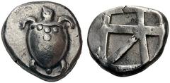 GREEK COINS Islands off Attica Aegina, c. 480-457 BC. Stater (Silver, 21mm, 12.28 g). Sea turtle with line of pellets down the back of its shell. Rev. Square incuse with large skew pattern. Milbank Pl