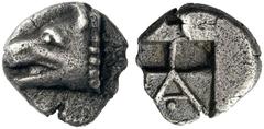 GREEK COINS Argolis Argos, c. 490-470 BC. Obol (Silver, 8mm, 0.91 g 12). Head of wolf to left. Rev. A, with a pellet below the crossbar, within a shallow incuse square with two deep incuses above. BCD