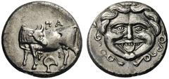 GREEK COINS Mysia Parion, 4th century BC. Hemidrachm (Silver, 14mm, 2.19 g 11). ΠA - ΡI Bull standing left, head turned back to right; below, razor with handle. Rev. Gorgoneion facing, surrounded by s
