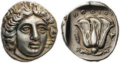 GREEK COINS Islands off Caria Rhodos, Rhodes , c. 404-385 BC. Tetradrachm (Silver, 24mm, 15.44 g 12). Head of Helios facing, turned slightly to the right. Rev. ΡOΔION Rose with bud to right; on left, 