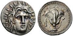 GREEK COINS Islands off Caria Rhodos, Rhodes , c. 250-229 BC. Didrachm (Silver, 20mm, 6.68 g 12), Mnasimachos. Radiate head of Helios facing, turned slightly to the right. Rev. MNAΣIMAXOΣ Rose with bu