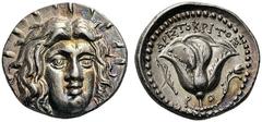 GREEK COINS Islands off Caria Rhodos, Rhodes . c. 229-205 BC. Didrachm (Silver, 18mm, 6.82 g 12), Aristokritos. Radiate head of Helios facing, turned slightly to the right. Rev. AΡIΣTOKΡITOΣ Rose with