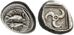 GREEK COINS Dynasts of Lycia Kuprilli, c. 470/60-440/35 BC. Stater (Silver, 17mm, 9.80 g). Two dolphins swimming in opposite directions; above, triskeles and symbol; below, triskeles. Rev. Triskeles w