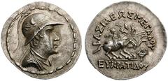 GREEK COINS Baktria Greco-Baktrian Kingdom, Eukratides I, c. 170-145 BC. Tetradrachm (Silver, 34mm, 17.02 g 12), c. later 160s. Diademed and draped bust of Eukratides to right, wearing Macedonian helm